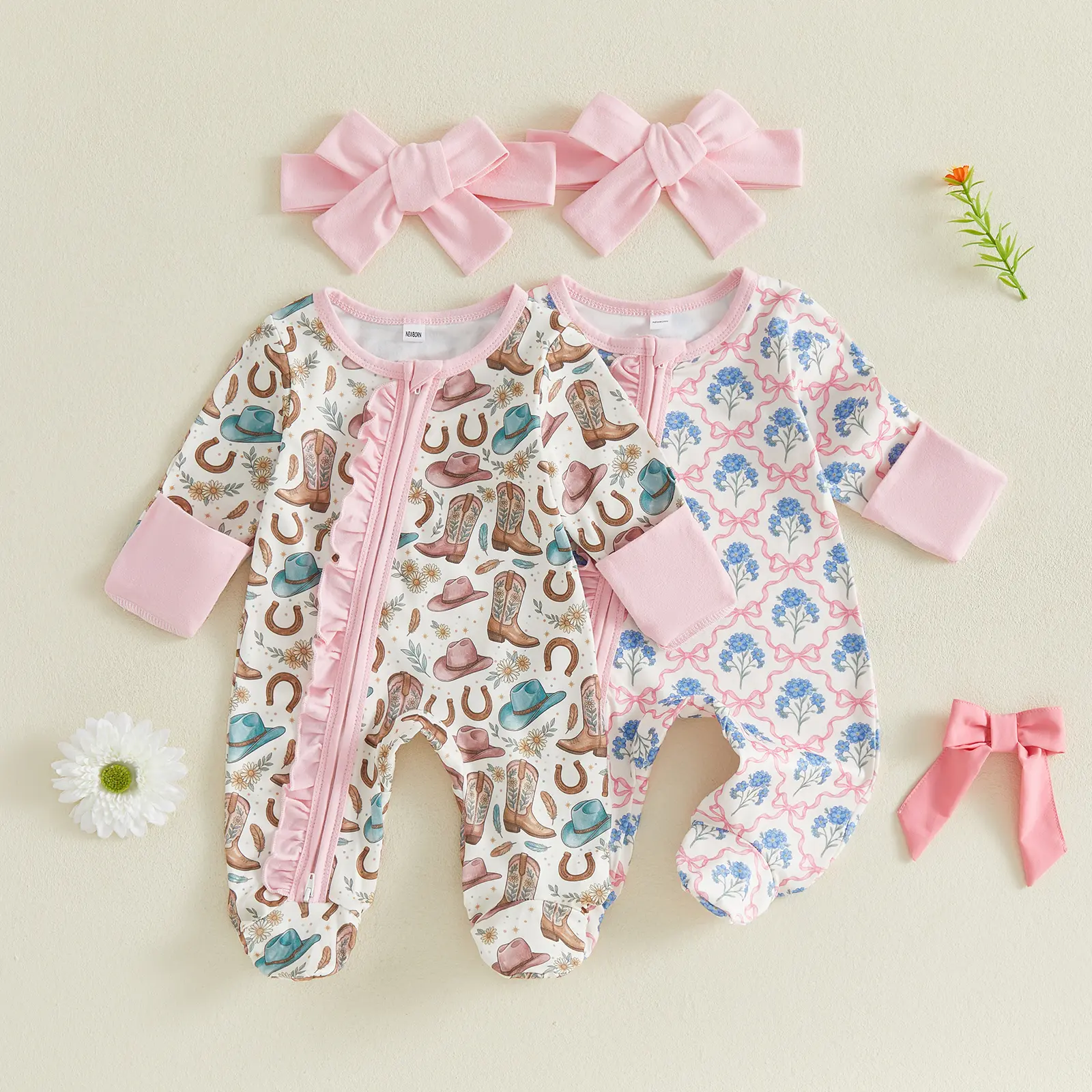 Newborn Baby Girl Fall Outfits Print Long Sleeve Footed Jumpsuit and Bow Headband Set 0-9 Months