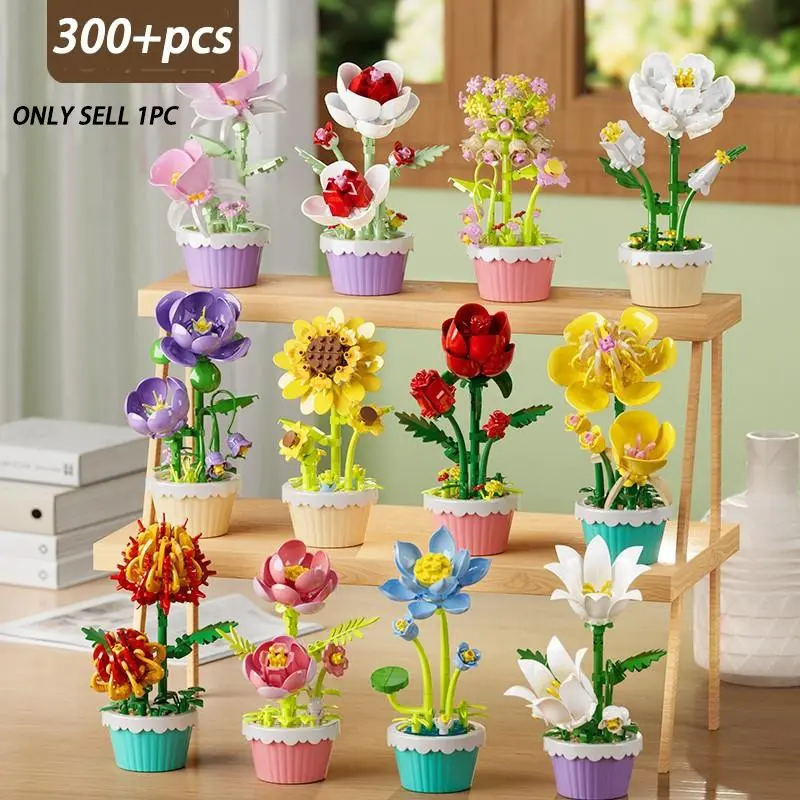 300+pcs Micro-Particle Potted Plant Building Blocks, DIY Handmade Preserved Flower Bouquet, DIY Floral Decoration, Desktop Home Decor, Educational Puzzle Toy, Gift for Women and Moms
