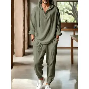 Men's Comfortable Cotton Linen Hooded Pajama Set, Unisex Soft Long Sleeve Casual Home Wear, Daily Comfort Sleepwear