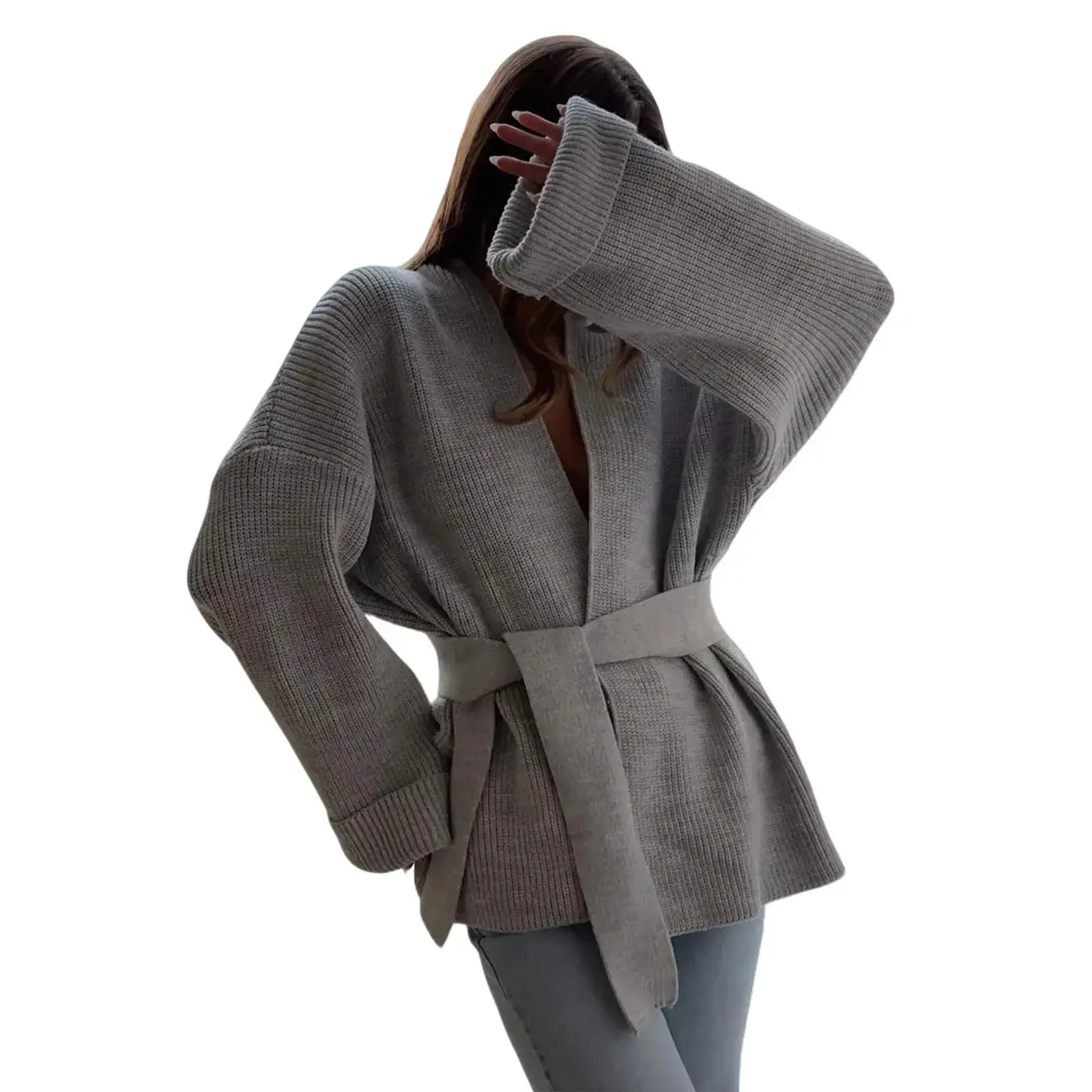 utcoco Women's Oversized Belted Wrap Knit Cardigan - Long Sleeve, Loose Fit, Open Front, Adjustable, Basic Casual Knitwear for Fall & Winter, Cardigan for Women
