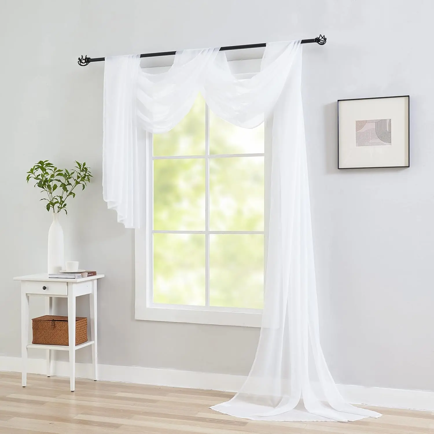 White Sheer Scarf Valance Curtains for Windows 216 Inches Long - Sheer Fabric for Draping Canopy Bed Curtain Scarf Wedding Arsh Table Runner for Living Room/Bedroom/Party Backdrop 1 Panel 34x216