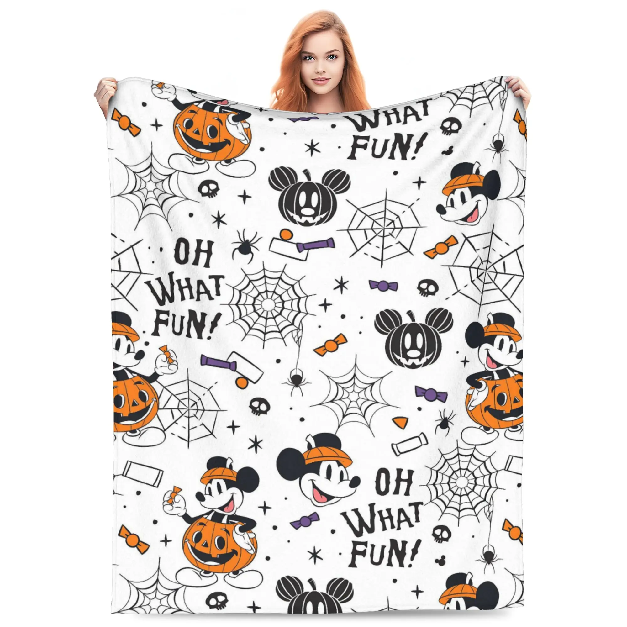 DISNEY CLASSIC Halloween Mickey Pumpkin Flannel Throw Blanket, Oh What Fun Spider Web Skeleton Print Blanket, Soft Lightweight Cartoon Blanket for Sofa Bedroom Halloween Home Decoration