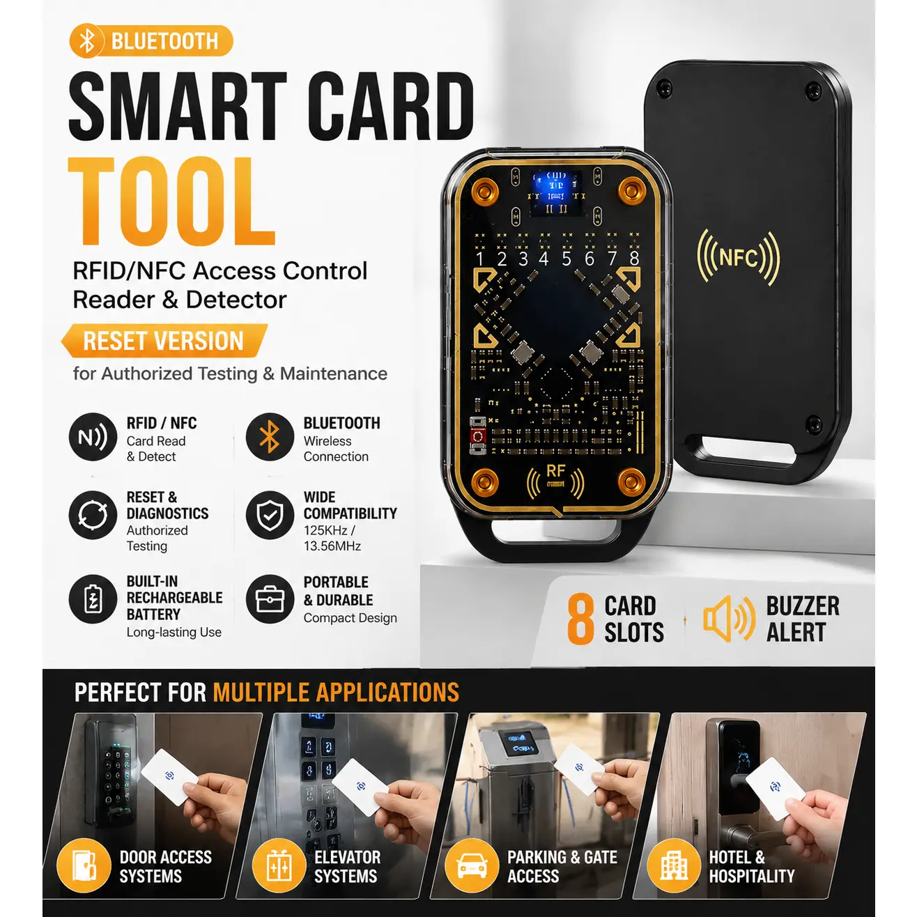 Bluetooth Smart Card Tool, RFID/NFC Access Control Reader & Detector Device, Portable Security Card Tester, Reset & Diagnostics Tool for Door Entry Systems, Key Card Verification, Authorized Access Testing & Maintenance Equipment