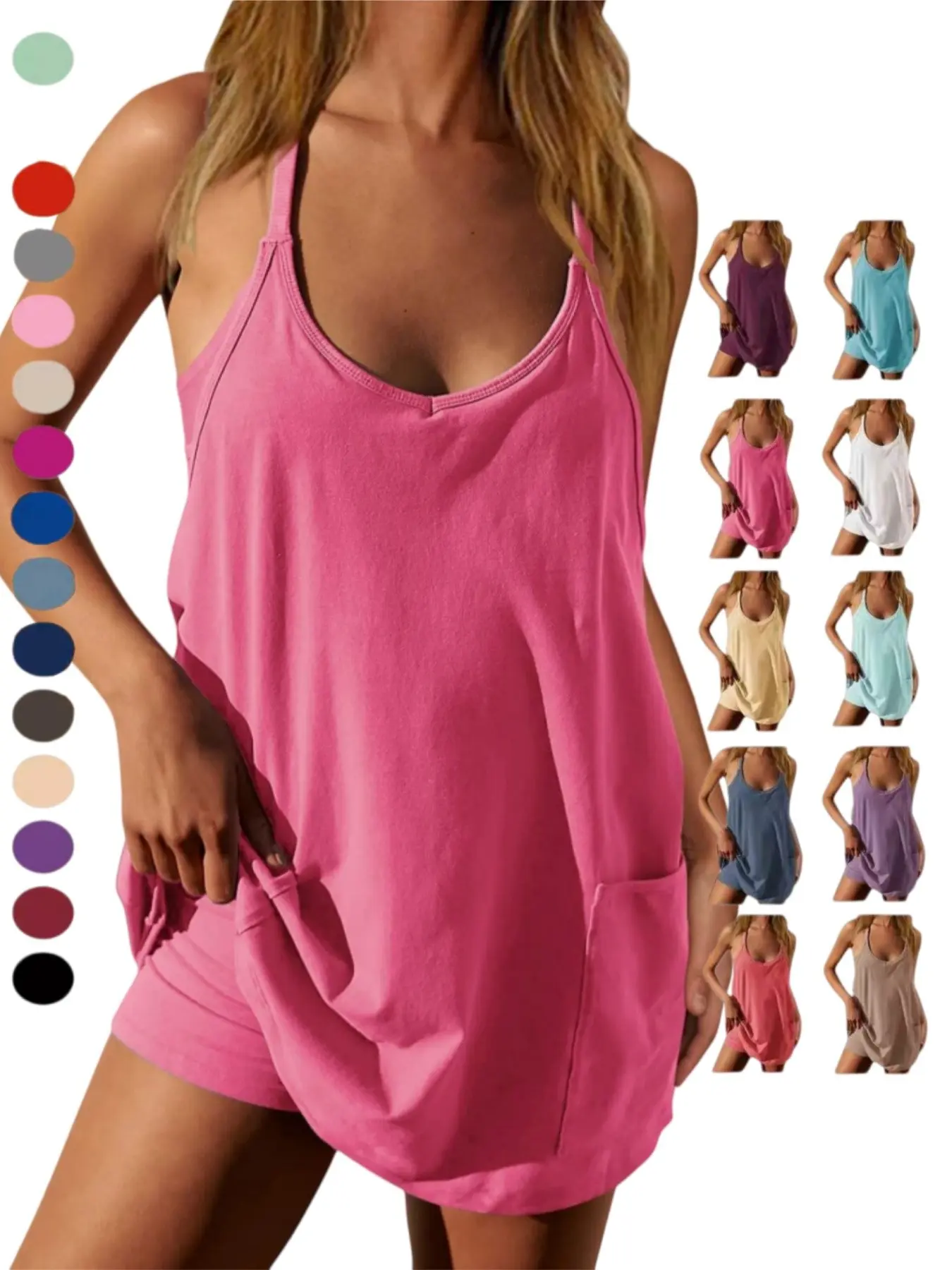 Women's Athletic Dress, Casual Sleeveless Spaghetti-Strap Design, Workout Short Tennis Dress with Pockets, Women's Workout Romper Dress with Attached Shorts, Casual Vacation Activewear Outfit
