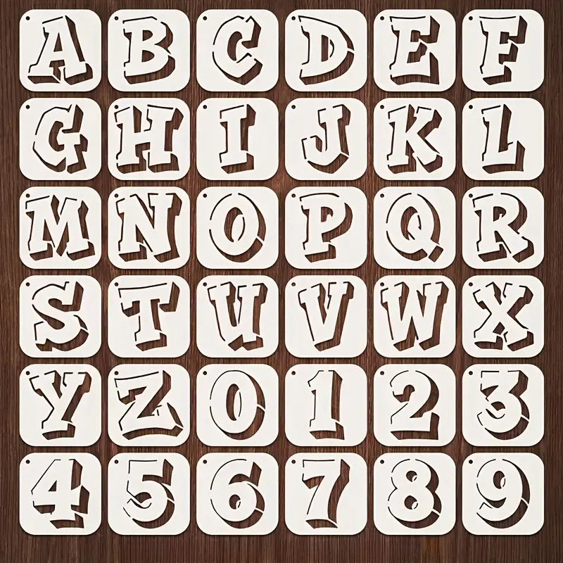 36 doodle letter and number templates   3.94x 3.94inch Reusable Craft Template, suitable for wall painting, furniture, tiles, fabrics, doors and windows, Made of plastic