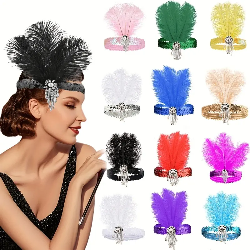 1920s Flapper Feather Headband for Women, Sequin Rhinestone Roaring 20s Headpiece for Gatsby Themed Party and Costume
