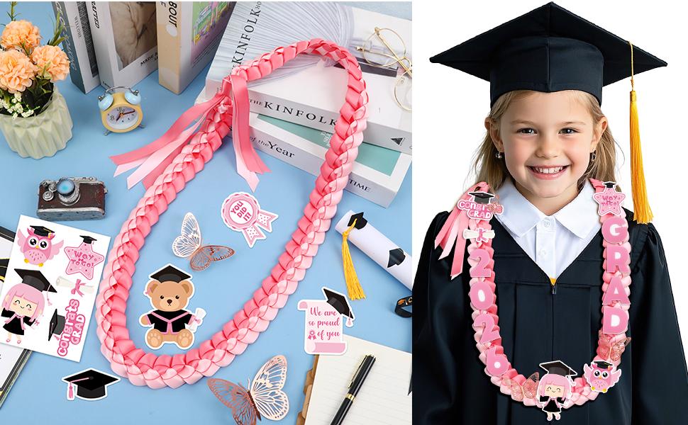 Kindergarten Graduation Leis Class of 2026 47.2 Inch Pink Double Braided Preschool Graduation Ribbon Leis for Kindergarten Graduate Boys Girls