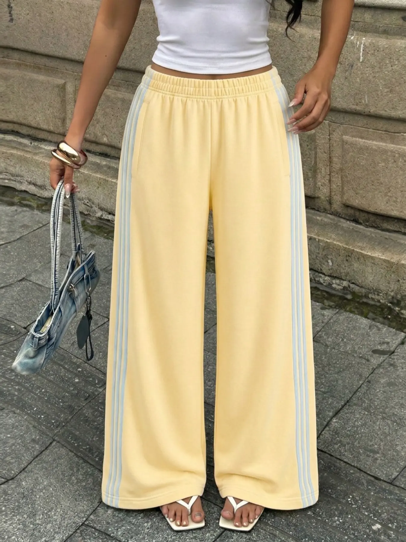 Women Soft Butter Yellow Side 3 Light Blue Stripes Wide Leg Track Pants Elastic High Waist Loose Flowy Straight Leg Sweatpants Casual Athleisure Streetwear Palazzo Trousers For Summer Vacation Daily Wear