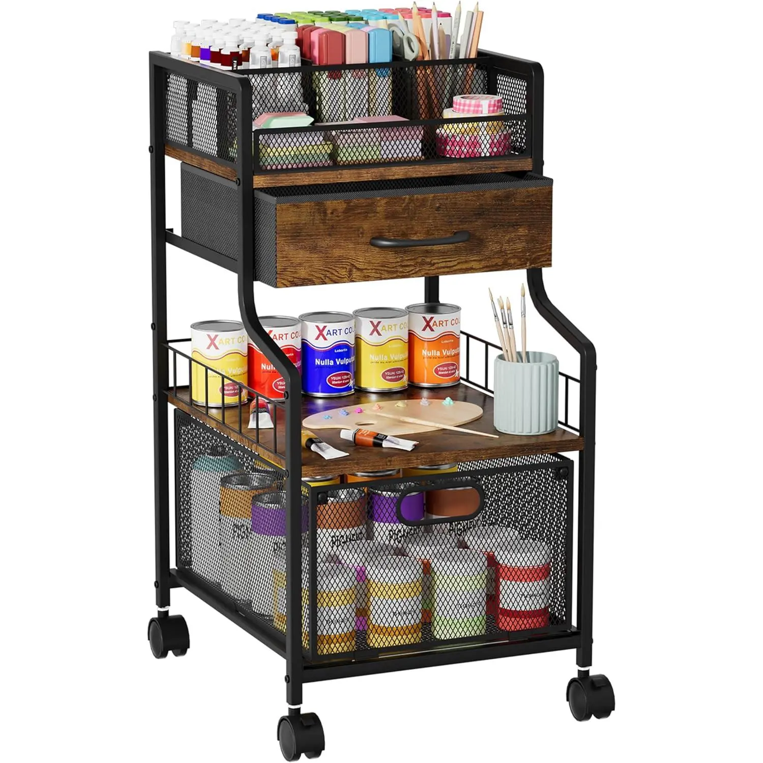Under Desk Storage Cart- Art Storage Cart with Drawers & DIY Divider - Office Cart Organizer Under Desk Shelf, Craft Rolling Cart for Office, Craft Room & Studio Espresso
