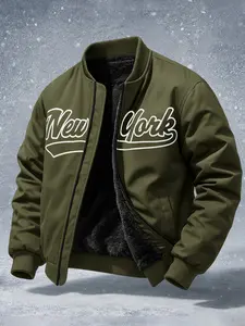 Men's Fuzzy Baseball Collar Jacket, Letter Print Chest, Sporty Casual Style, Long Sleeve, Fall & Winter, Urban Fashion