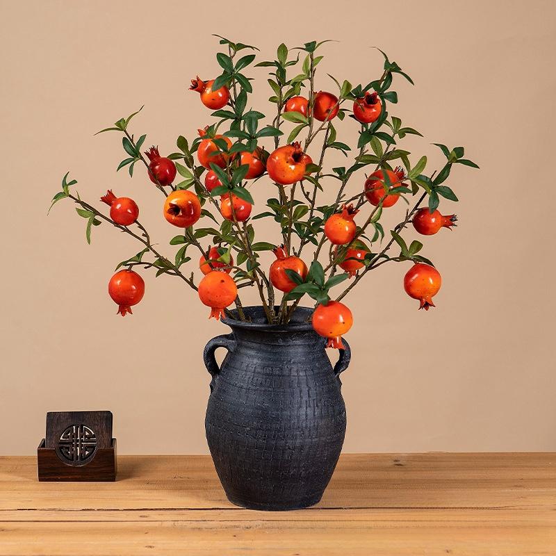 Artificial flower 6-headed pomegranate branch with pomegranate fruit ornament for housewarming, New Year's decoration, home living room floor decoration