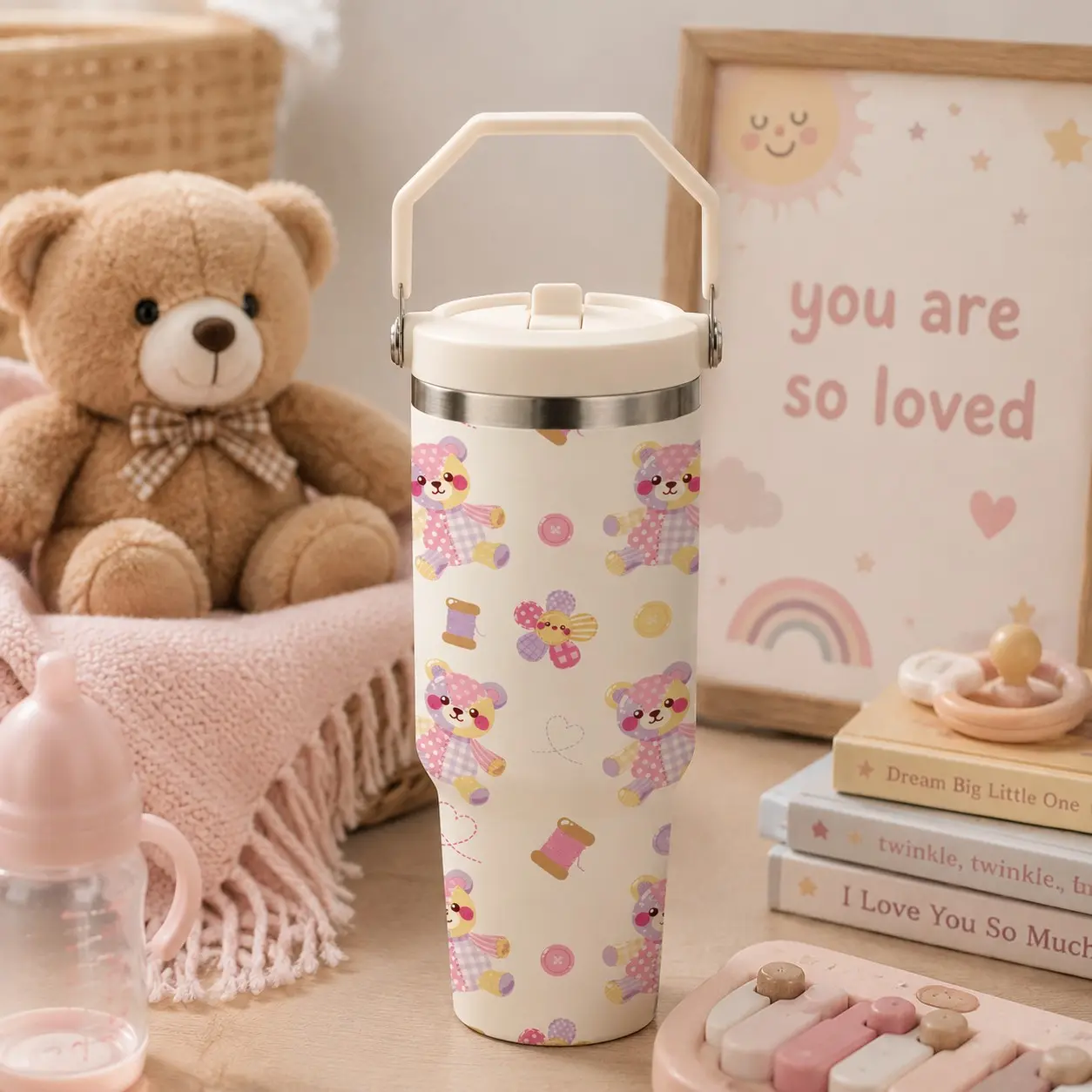 1PC 40oz Cute Teddy Bear Insulated Tumbler with Handle, Lid, Kawaii Pink Bear Print Stainless Steel Water Bottle, Double Wall Vacuum Travel Cup, Leakproof Coffee Mug for School Office Home, Adorable Gift for Girls Friends Family Birthday Christ