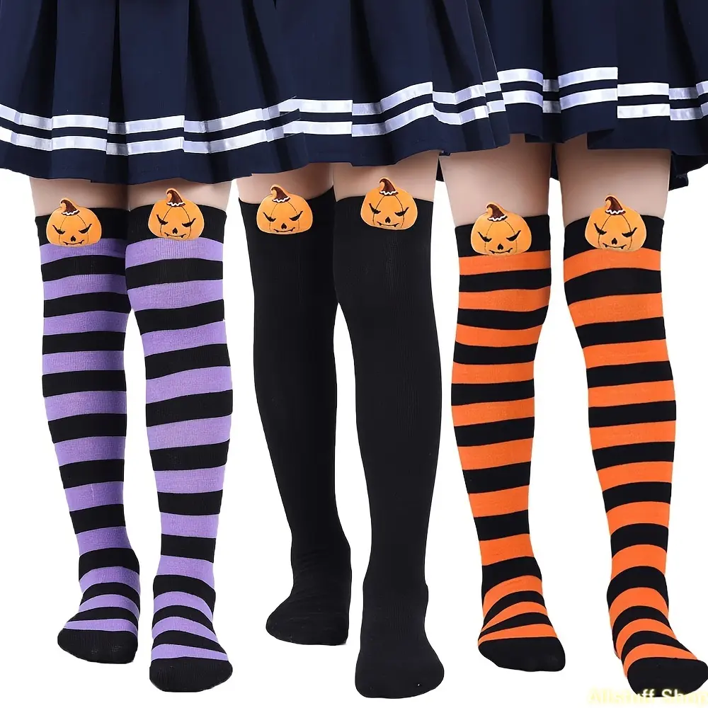 1 Pair Halloween Socks Socks Striped Black New Pumpkin Doll Long Socks Cute Cartoon Doll Socks Over-The-Knee Socks tiktokshopbacktoschool