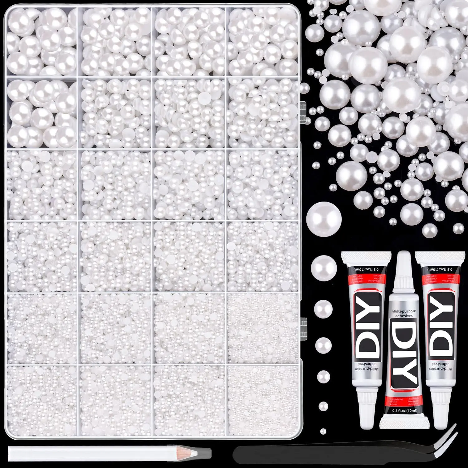 24 Grids Multi Size White Half Pearl Nail Art Kit with 3Pcs DIY Glue, Tweezers & Pick Up Pen, Imitation Flat back Pearl Beads for Nail Manicure, Shoes, DIY Handcraft Projects, Nail Art Rhinestones, Flat back Crystals, Bling Rhinestone Decoration