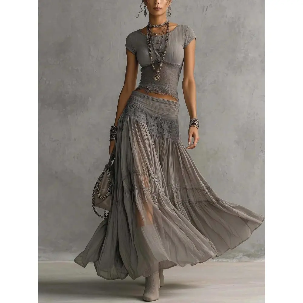 Women's Bohemian 2-Piece Vacation Clothing Set - Short-Sleeve Pit-Stripe Crew Neck Top, Asymmetrical Cut, Lace Tassel Detail Waist, Polyester Knit, Transparent Layered Large Swing Long Skirt, Fitted Silhouette, Machine Washable