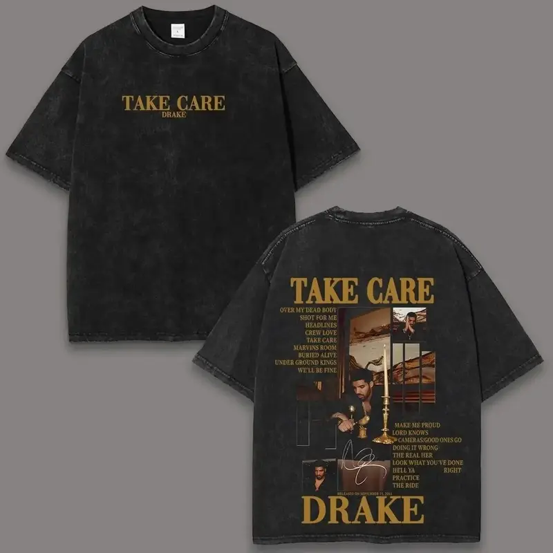 Men'S Pure Cotton T-Shirts, Drake Take Care Acid-Washed T-Shirts And Vests, Y2K Retro Rap Music Graphic T-Shirts, Loose Fit, Unisex Soft Pure Cotton Streetwear, Unique Fan Gifts, Suitable For Both Men And Women, Birthday Gifts.