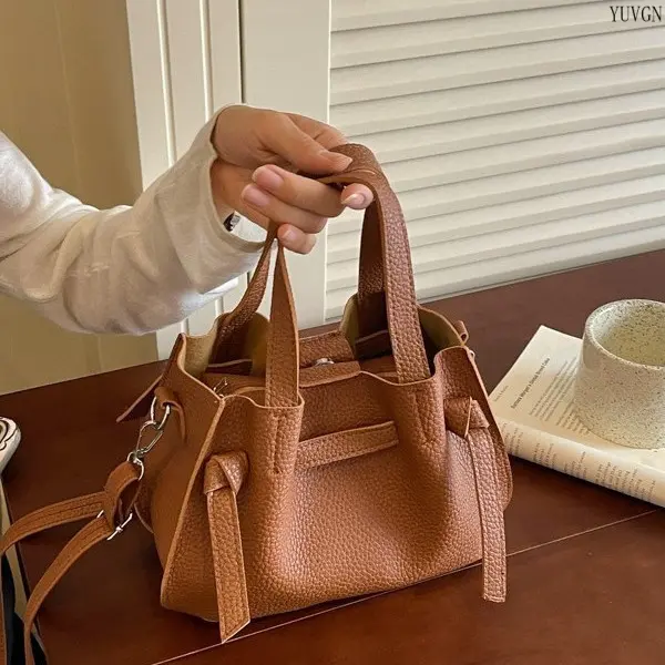 Mini Bucket Bag - Casual Drawstring-Top, Side Knot, Dual Short Handles, Removable Strap, Crossbody/Everyday Use Purse, Sports & Outdoor Gym Accessory for Dating, Shopping