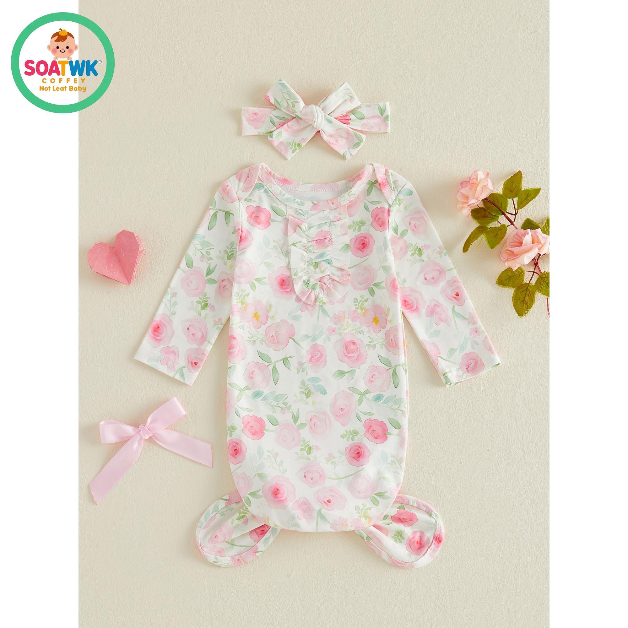 Newborn Sleeping Bags Floral Print Crew Neck Short Sleeve Knotted Swaddle Baby Girls Sleep Sack with Matching Headband