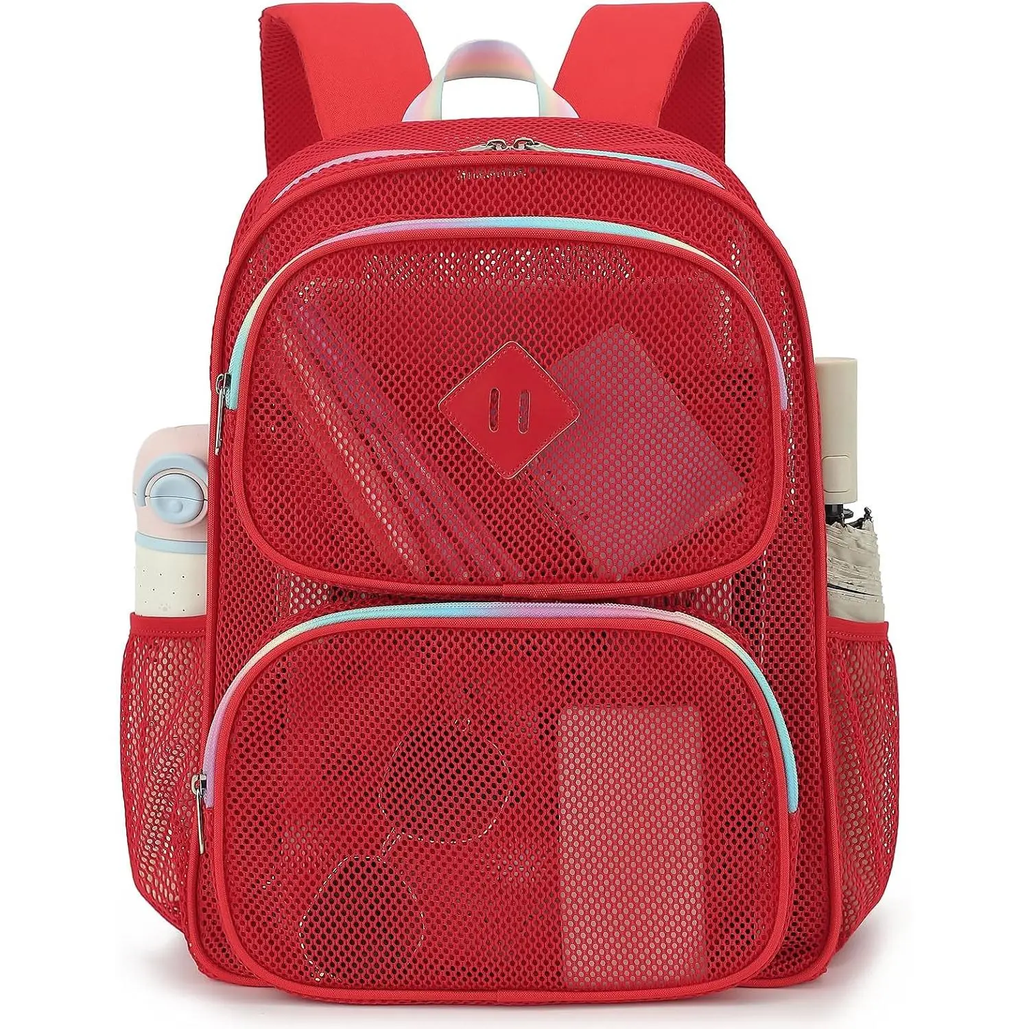 Girls Mesh Backpack for School, See Through Women Net Bookbag for Beach Work  Travel (Red)