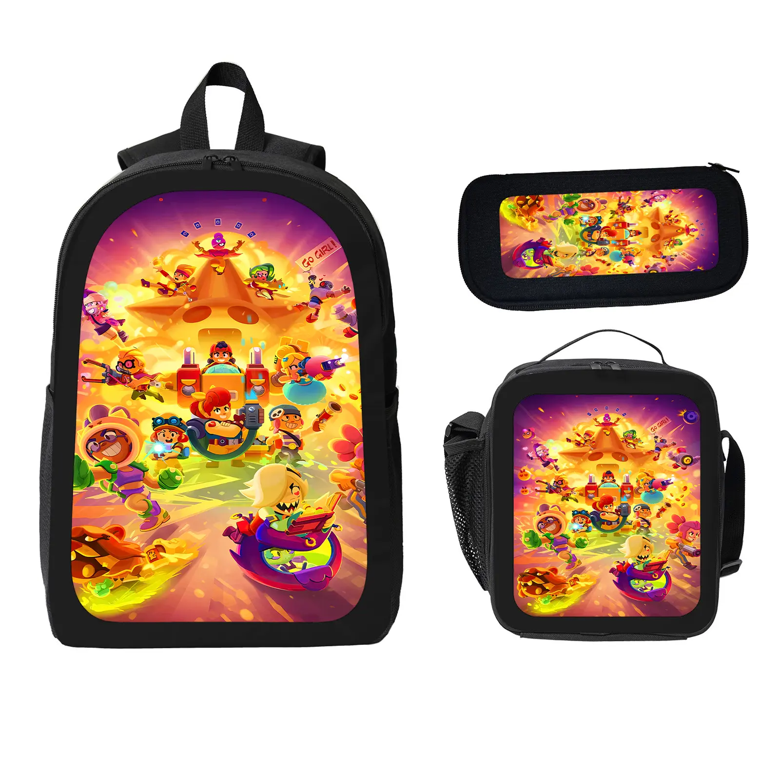 Unisex Brawl Stars 3-Piece School Backpack Set Pack for Kids, Large Capacity Water-Resistant Bookbag with Insulated Lunch Bag & Pencil Case, Elementary-Middle School Travel Daypack e-19