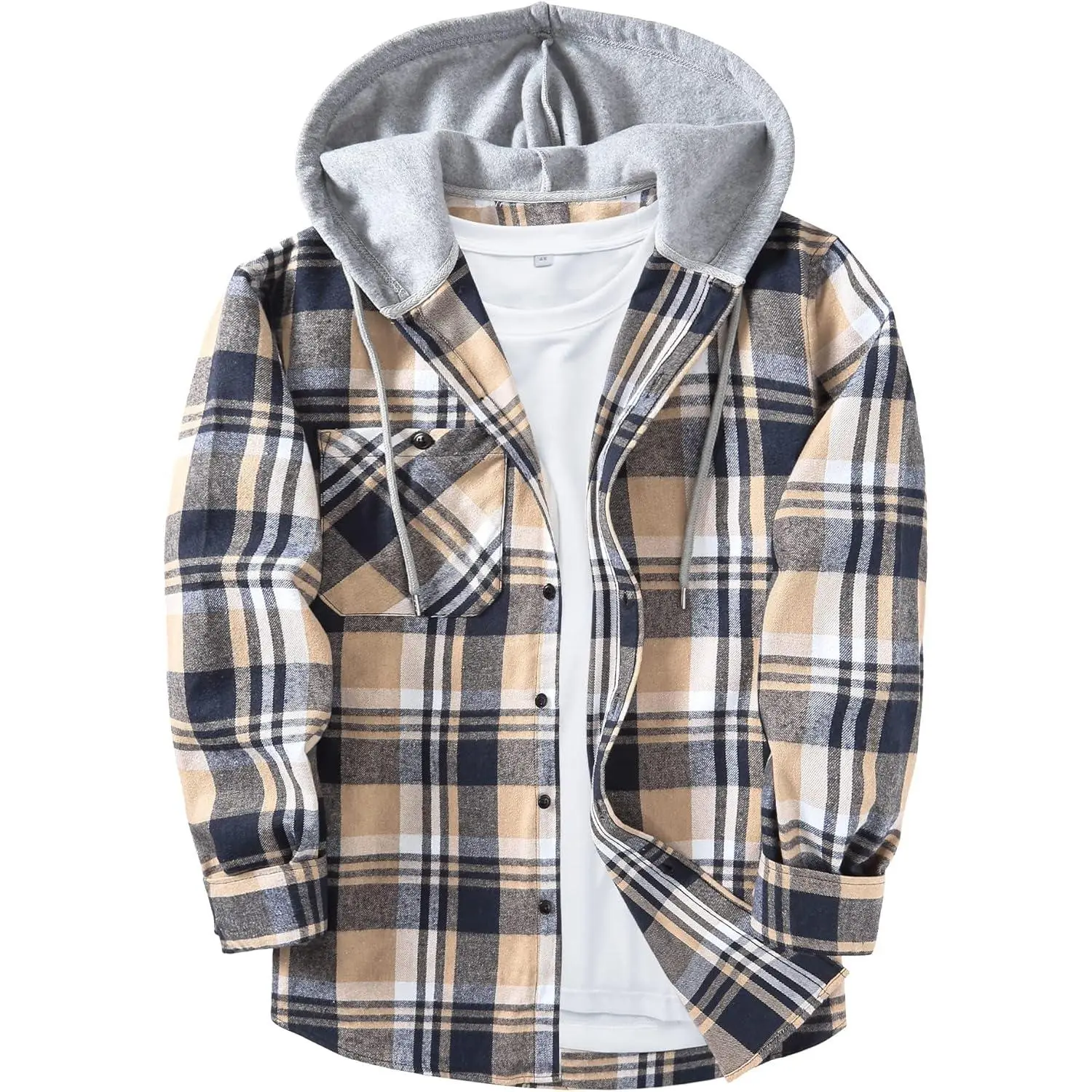 Men's Collared Flannel Hoodie Shirt Jacket - Long Sleeve, Button-Down, Plaid, Pocketed Menswear Top, Stylish New Model Sweatshirt (Hoodie/Jumper), Tops, Sweatshirts