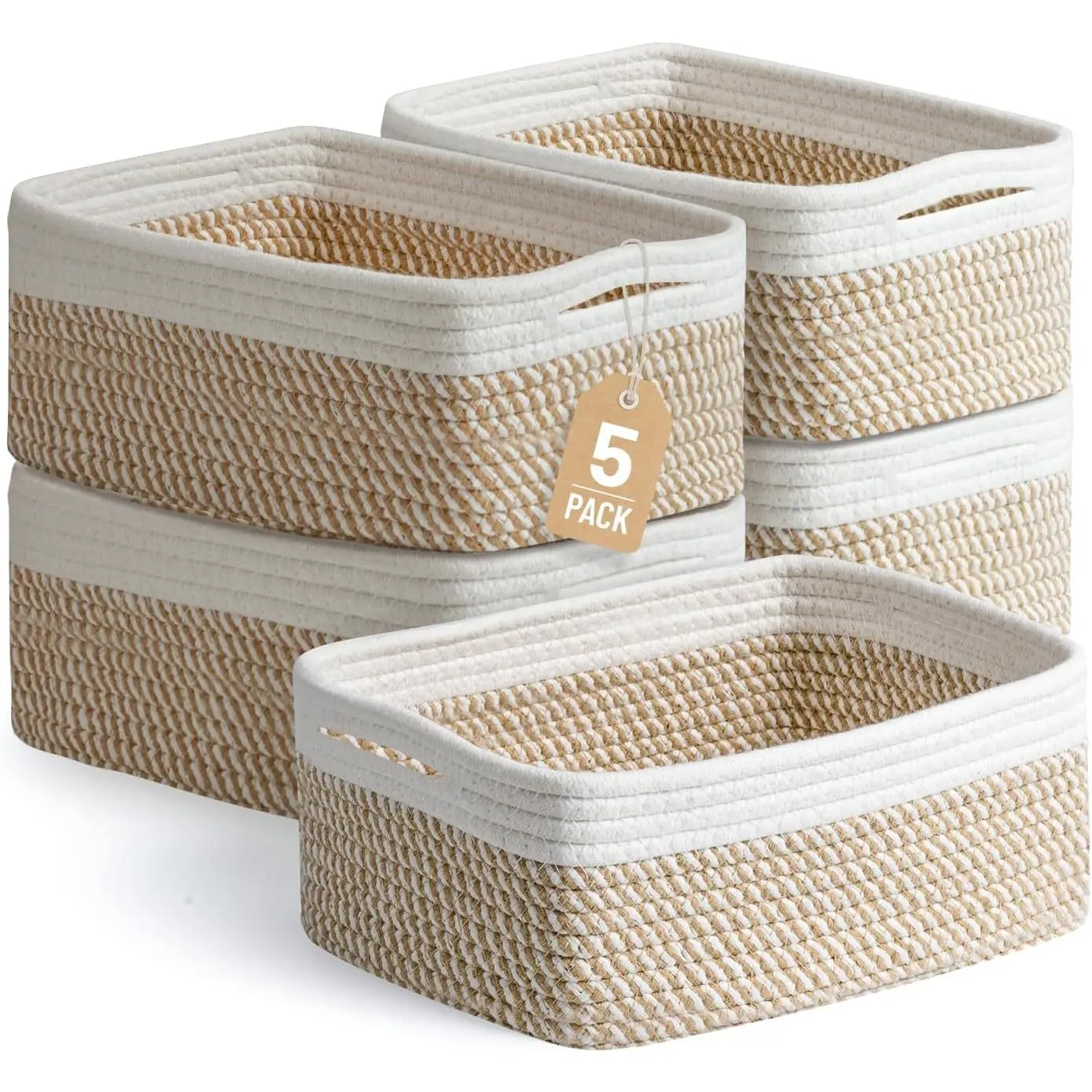Khaki/White 5-Pack Small Woven Cotton Rope Storage Baskets with Kid-Safe Edges - Simple Living Solid Color Organizers for Shelves, Bathroom, Nursery - 11.8"x7.9"x4.7" Bins for Socks, Toys