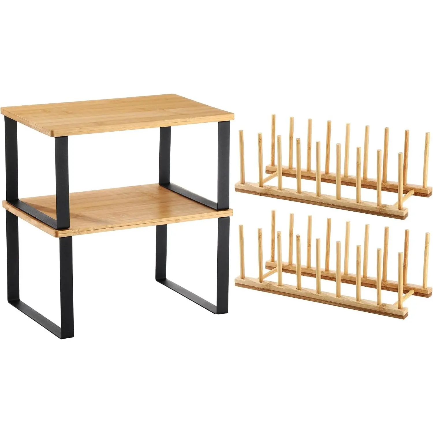 4-Piece Light Color Bamboo Kitchen Organizer Set - Wood Cabinet Shelf, Dish Drying Rack, Storage Holder for Spice, Pot Lid (Room Organizing Tool, Photo-Worthy Gift)