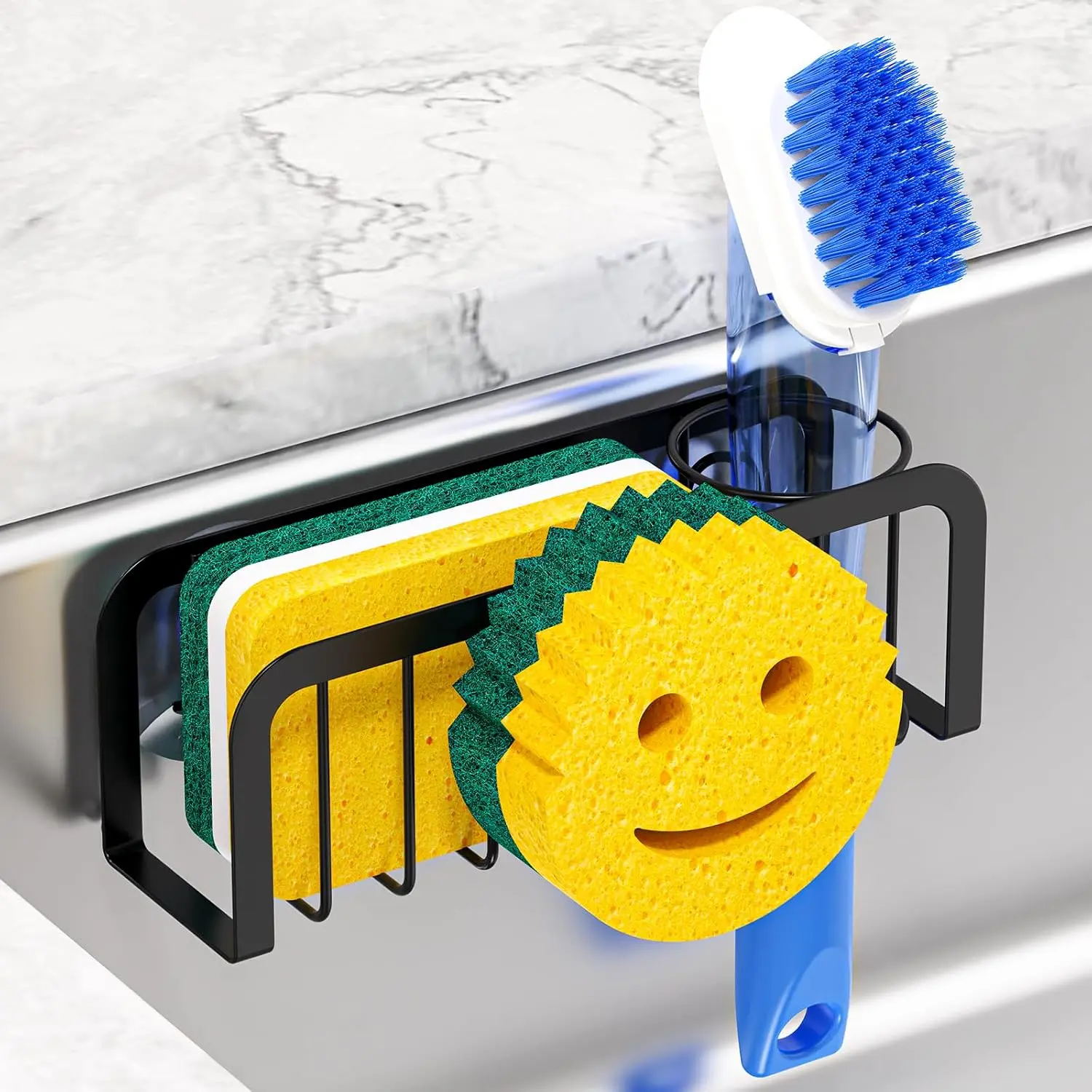 Kitchen Sink Sponge Holder - Synthetic Sink Organization Organizer with Smiley, 6.2"x1.9"x2.6" Organizer Shelf Draining Boards, Suction Cups/Adhesive Strips for Soap, Dish Brush, Stoppers, Everyday Convenience