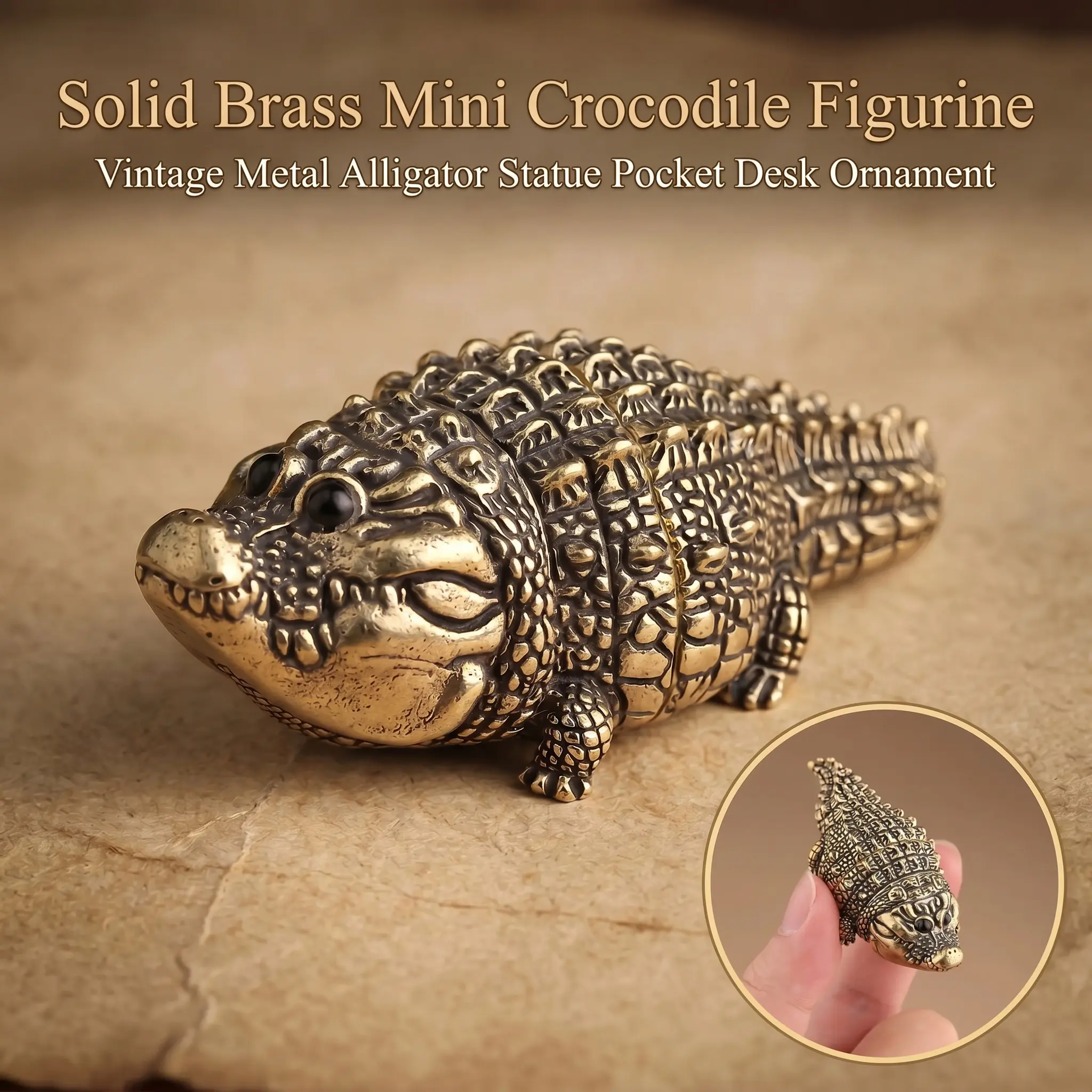 Retro Hand-Crafted Antique Copper Alligator Sculpture Statue, Resin Decorative Figurine for Table, Desktop, Home Decor - YY0, Decoration