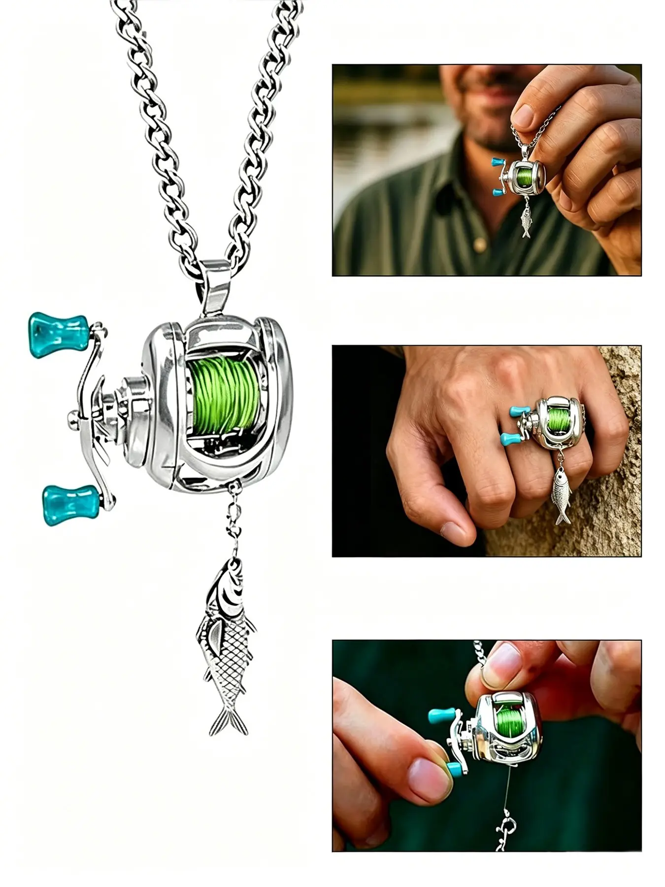 Men's Fishing Reel Necklace & Ring, Hypoallergenic Jewelry Set, Hypoallergenic Stainless Steel, Durable Tarnish-Resistant, Fun Spinning Reel Design with Fish Charm, Unique Gift for Fishermen, Boyfriend, Husband, Cool Statement Jewelry