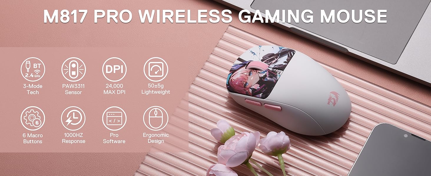 Redragon M817 PRO Wireless Anime Gaming Mouse 24000 DPI Optical Mini Mouse with 6 Programmable Buttons Ergonomic Design 50G Ultra Lightweight for Small Hands Computer Peripherals