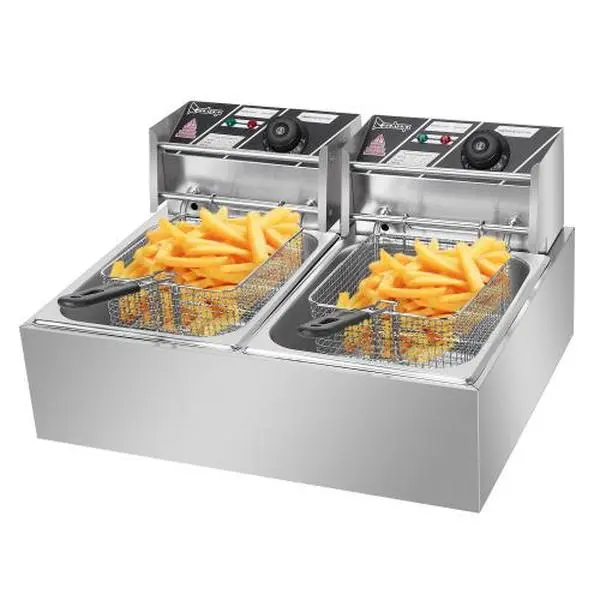 Premium 12.7QT/12L Dual Tank Electric Deep Fryer - ETL Certified Kitchen Appliance, Kitchen Supplies, Adjustable Temp Control, Sleek Silver Stainless Steel, Powerful Heating, Safe Auto-Off, Ideal for Commercial & Home Use