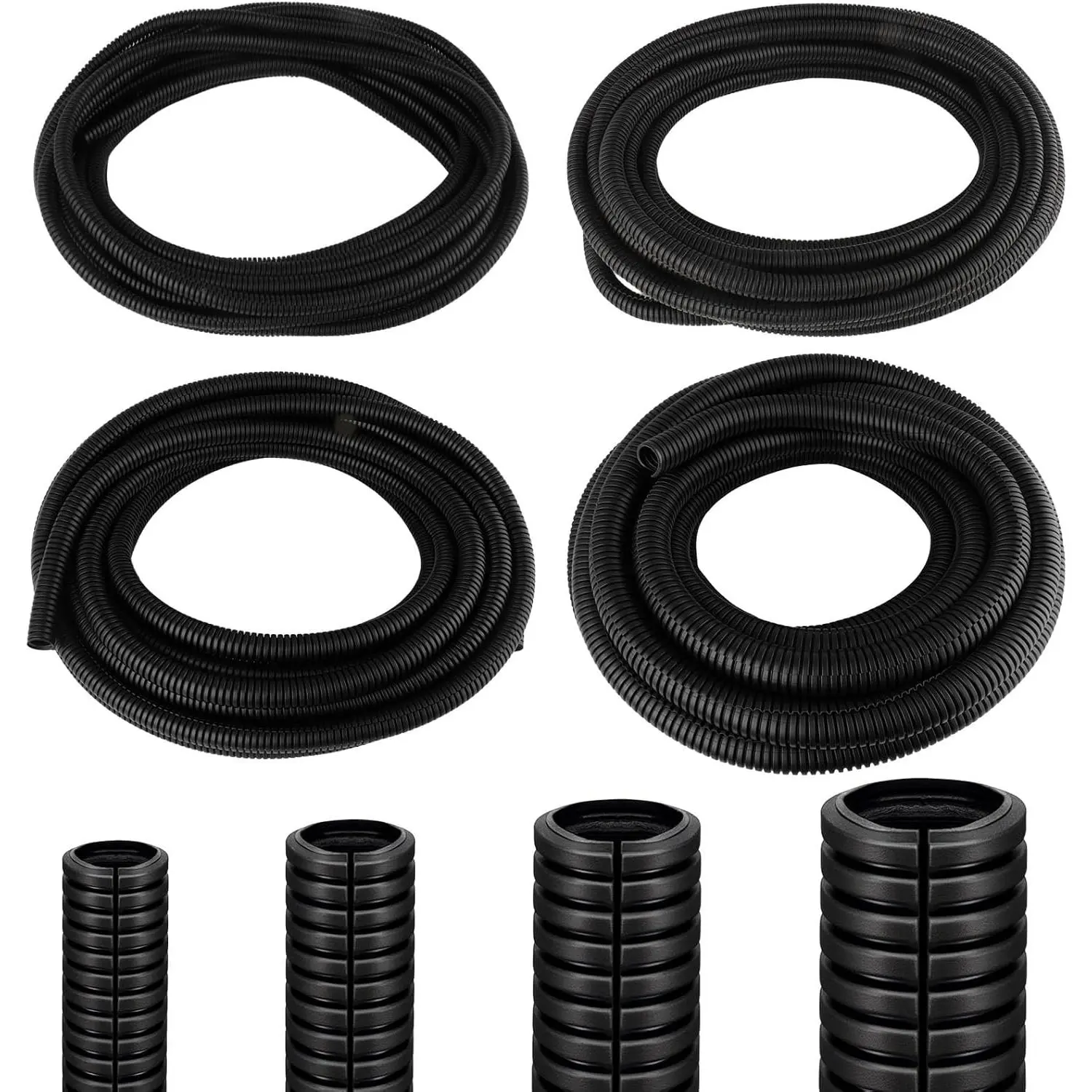Black Flame Retardant Abrasion & Chemical Resistant Polypropylene Split Tube Wire Loom Tubing (4-Pack 4 Sizes: 1/4"-3/4" Diameter x 30FT Each, 120FT Total) - Cut-to-Fit Pre-Slitted Conduit for Automotive Wiring, Car Engine Compartments