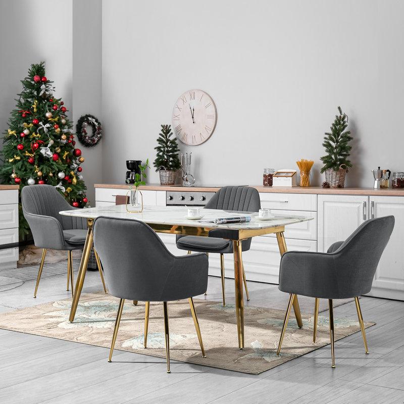 Set of 2 Upholstered Dining & Living Room Chairs - Gray Modern Fabric Armchairs with Curved Back & Metal Legs