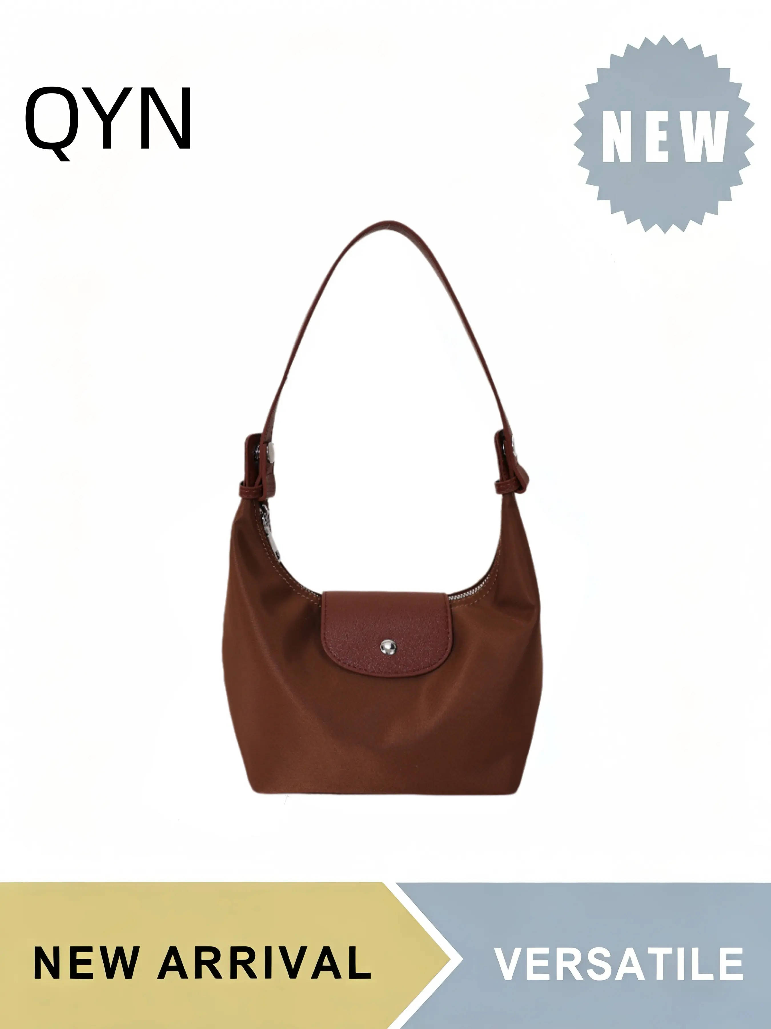 QYN Waterproof Nylon Hobo Bag for Women, Lightweight 2-Way Underarm Shoulder Crossbody Handbag with PU Leather Flap Snap Closure, Detachable Adjustable Strap, Roomy Zipper Interior Fits Phone Wallet Cosmetics, Casual Commuting Bag for Daily Commute