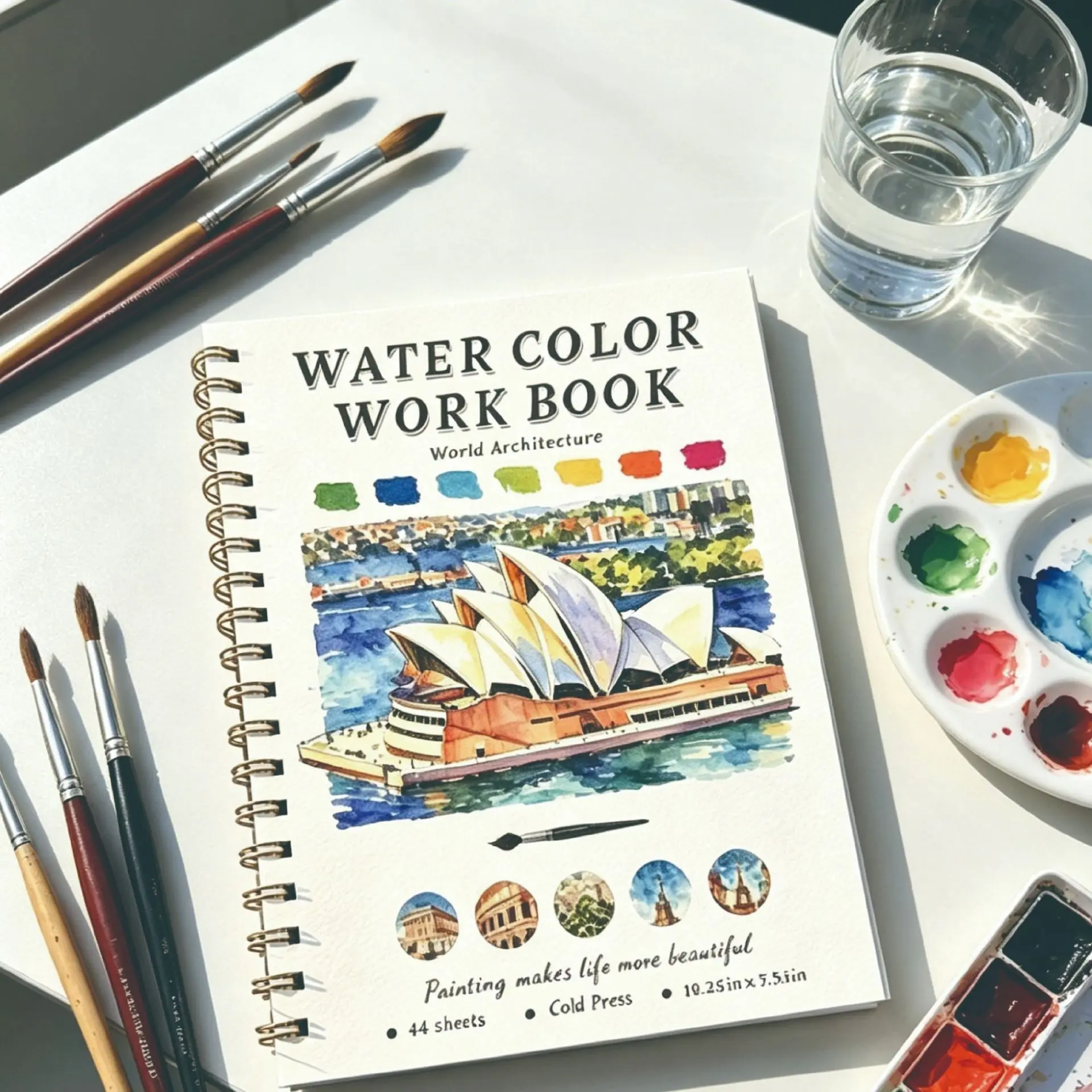 Architecture themed spiral bound water jet painting book, 14 pages with painting tutorials and pigment color matching tutorials, adult casual decompression coloring book, perfect gift for classmates and friends who are beginners in painting