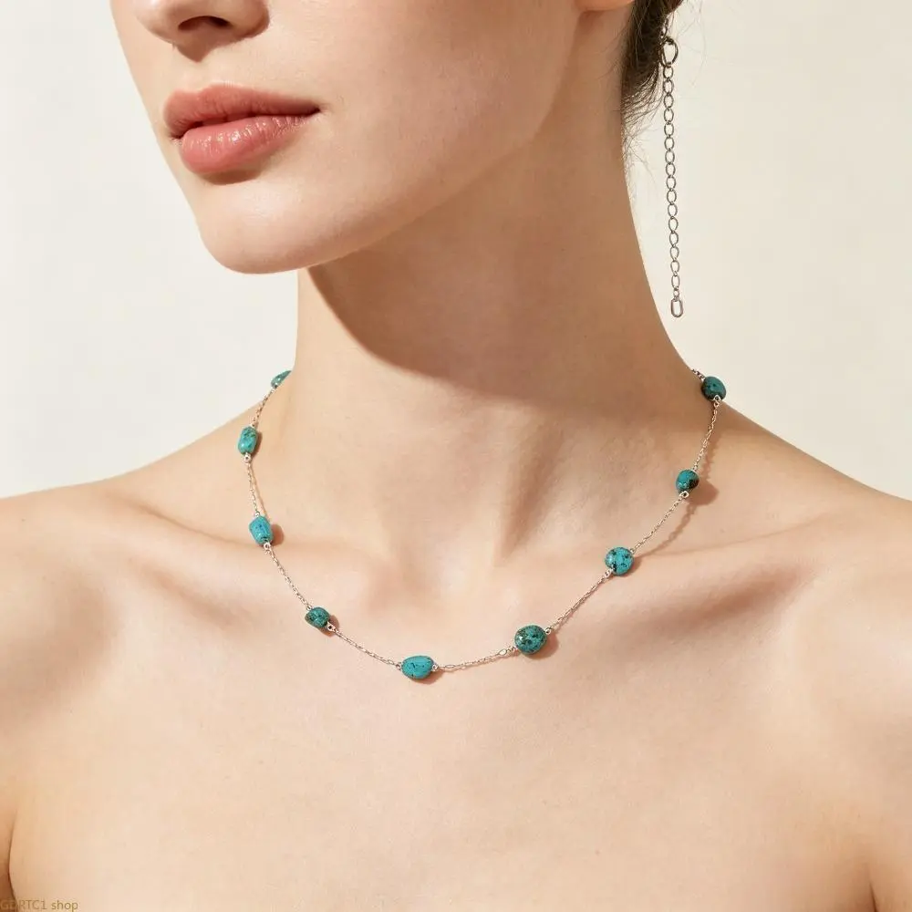 Female Natural Turquoise Boho Style Metal Choker Necklace - Ethnic, Adjustable Collarbone Short Chain, Calmness & Healing Energy, Lightweight Irregular Layering Accessory for Casual Wear, Women's Gift