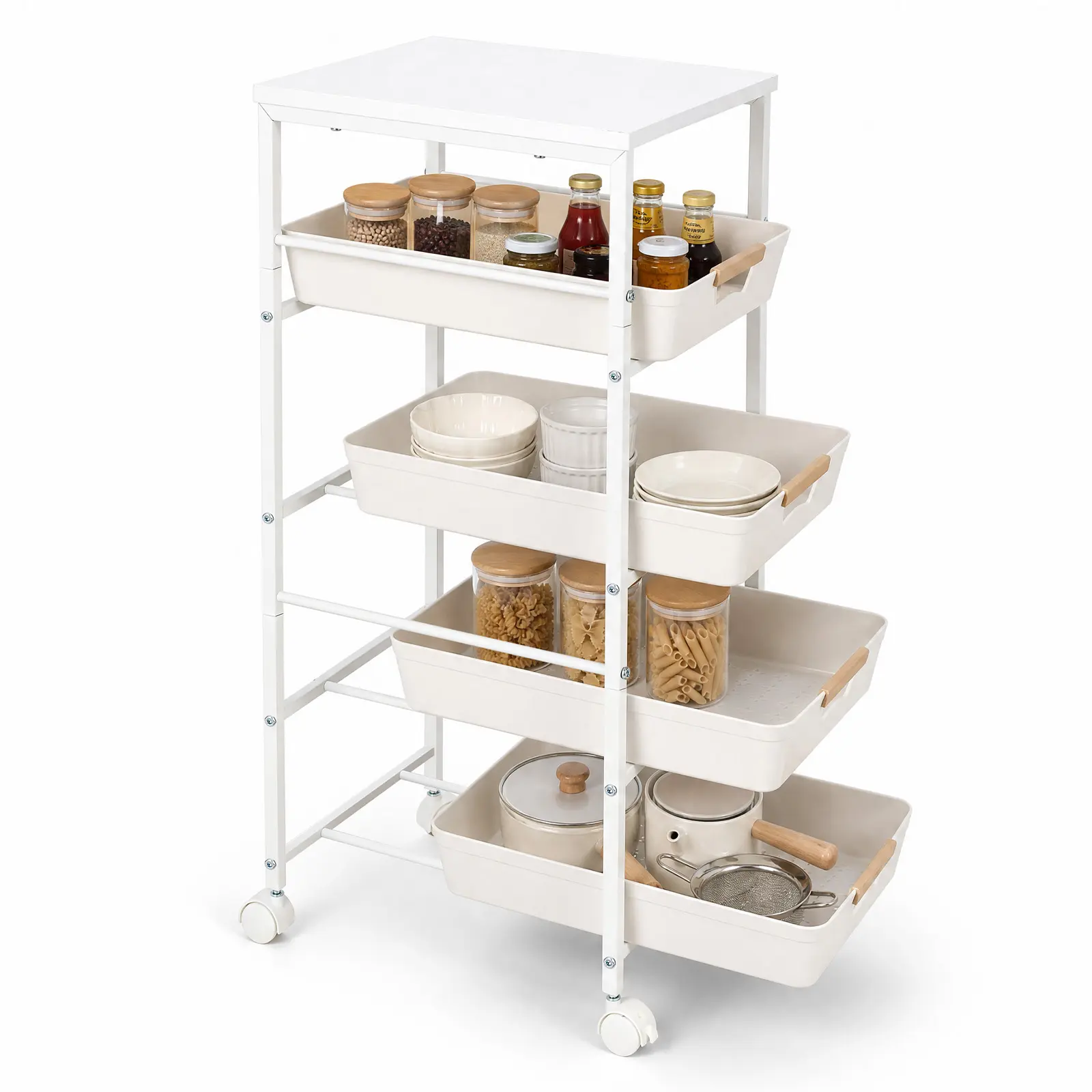 Rolling Storage Cart on Wheels, 5 Tier Slim Kitchen Cart with Pull-Out Basket and Tabletop, Space-Saving Organizer for Kitchen Living Room Pantry, White