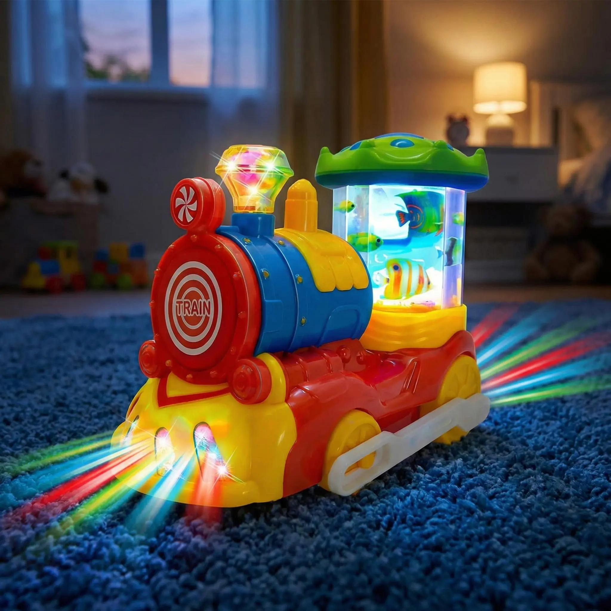 Wingtop Colorful Light-Up Electric Train Toy - Battery-Powered ABS Plastic Playset with Music, Rotating Action, Bright LED Lights, Stocking Stuffers, Birthday/Holiday Gift for Ages 3-6 (Requires Batteries)