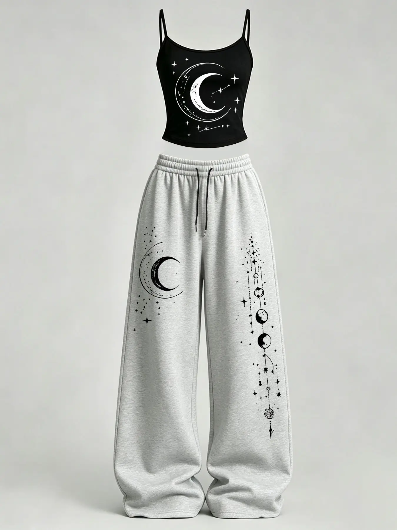 Women's Home Casual, Star Moon Print Slim Fit Tank Top + Loose Pants Set, Y2K, American Street Style, Daily Wear, Campus, Home Relax, Clothes