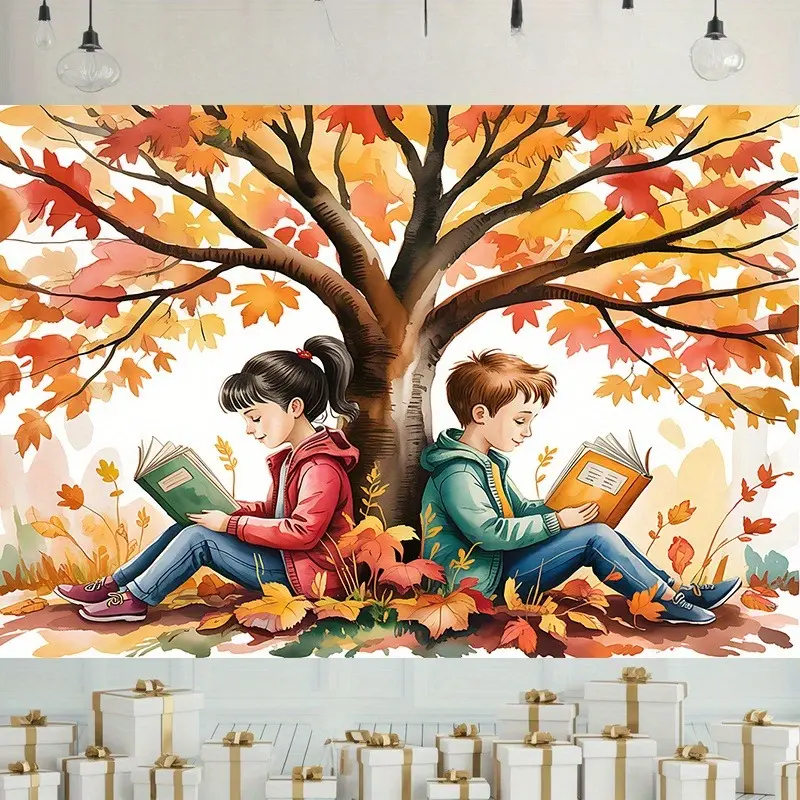 Autumn Reading Backdrop Fall Library Theme Tapestry Wall Hanging Premium Polyester Photography Background Party Decor Home Wall Decoration Birthday Event Banner Studio Photo Booth Seasonal Celebration