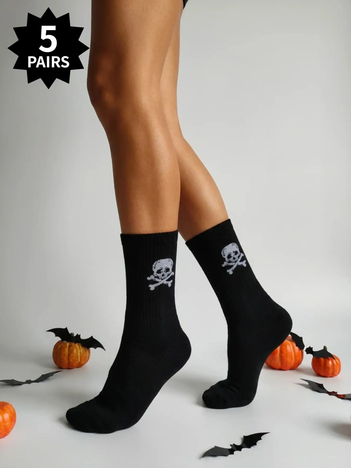 5-Pair Pack of Halloween Skull and Crossbones Jacquard Mid-Calf Socks—Pure Black, Minimalist Design, Unisex, Gothic/Dark Style, Versatile Everyday Socks