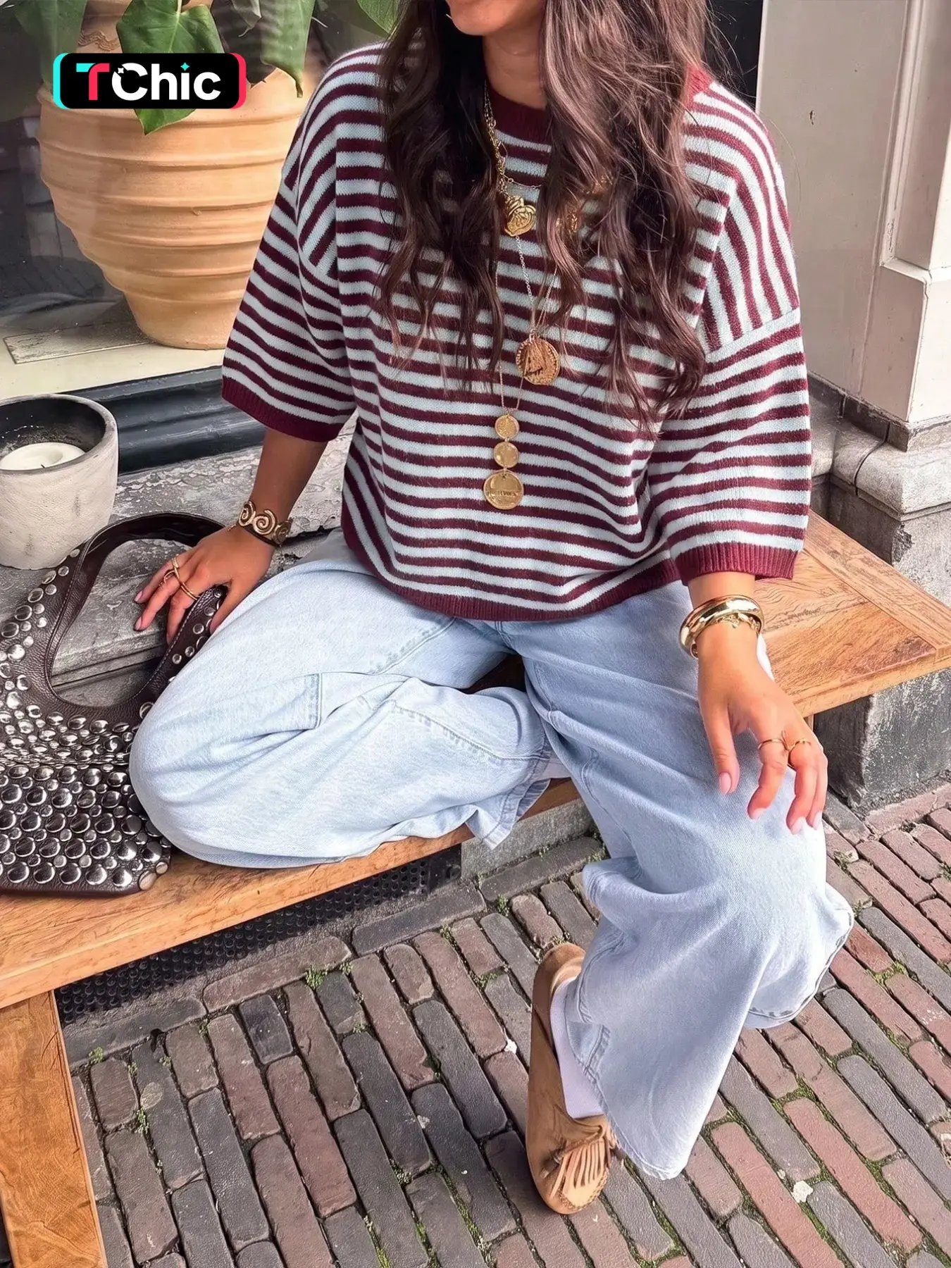 Women's retro bohemian burgundy striped fluffy knit sweater. Crew neck three-quarter sleeves, loose dropped-shoulder boxy pullover knit top featuring two-tone color-block horizontal stripe prints, crafted from ultra-soft long plush knit fabric. A vintage