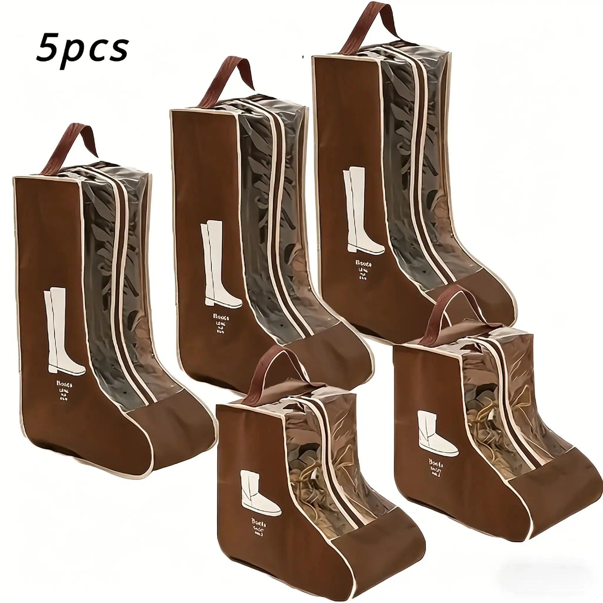 5-Pack Dark-Brown Polyester Non-Woven Boot Storage Bags with Sturdy Handles, Dustproof Moisture-Resistant Breathable Organizers, Travel Bag Accessory for Men and Women