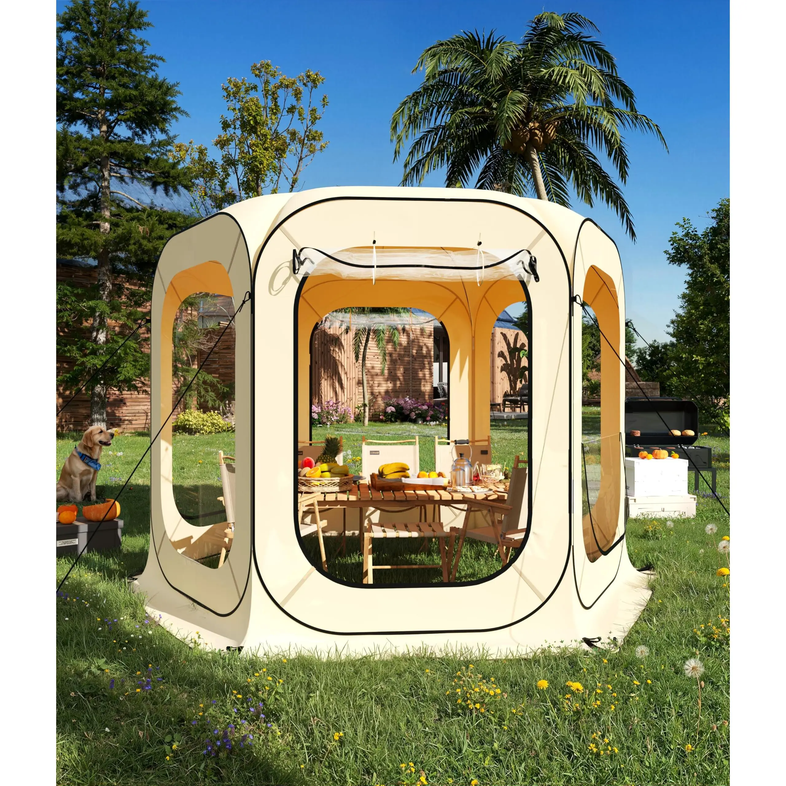 10x10 ft Bubble Quick Pop-Up Outdoor Screen House Tent for 6-8 People - Rainproof, Coldproof Portable Shelter - All-Weather Sunroom Gazebo for Camping, Patio, Backyard - Collapsible Beige Specialty Kitchen Shelter