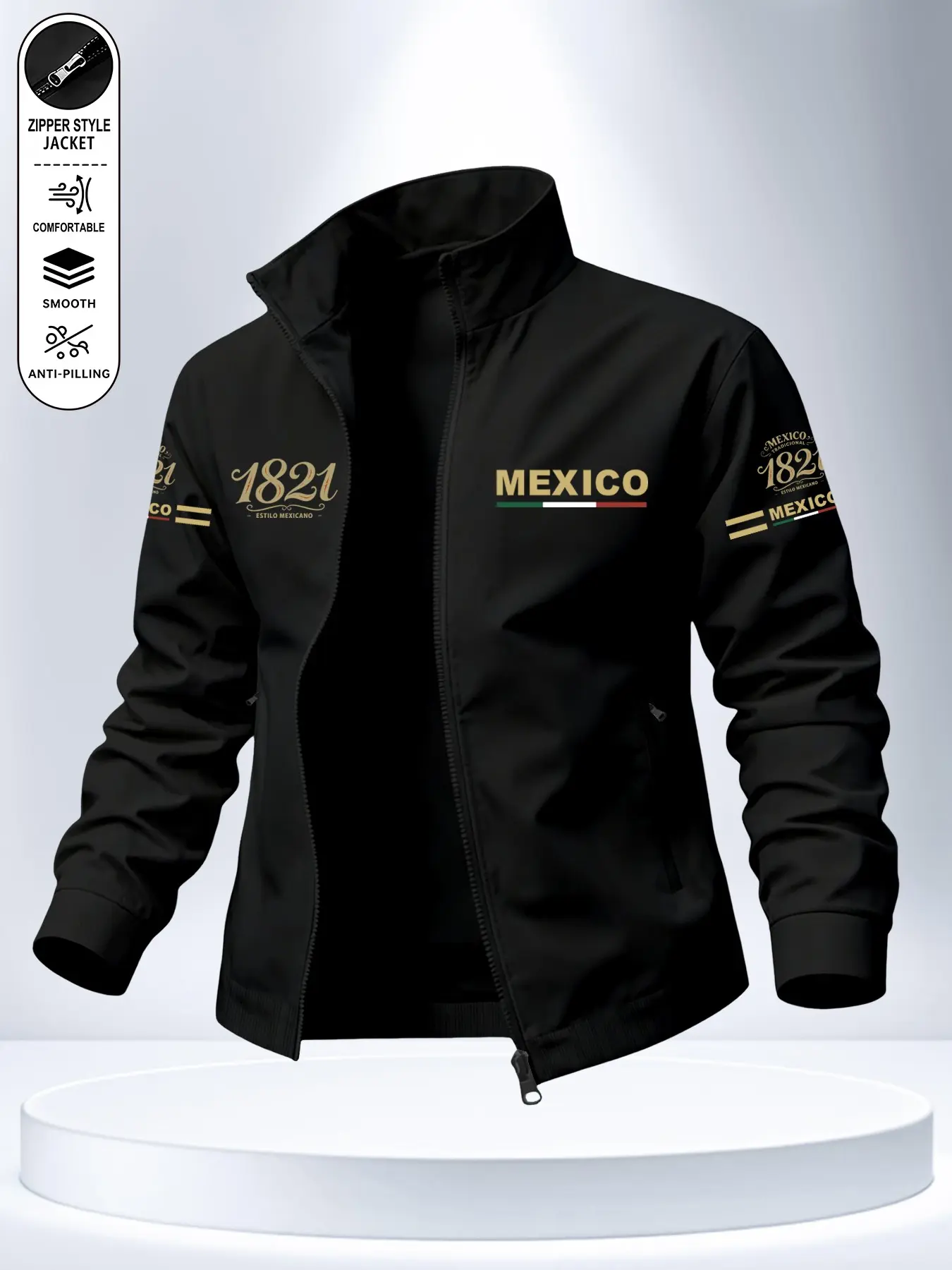 Mexican 1821 Vintage Print Stand Collar Jacket, Men's Spring Fall Thin Zip Pocket Coat, Fashion Casual Versatile Top, Daily Wear Essential Outerwear, Long Sleeve, Menswear