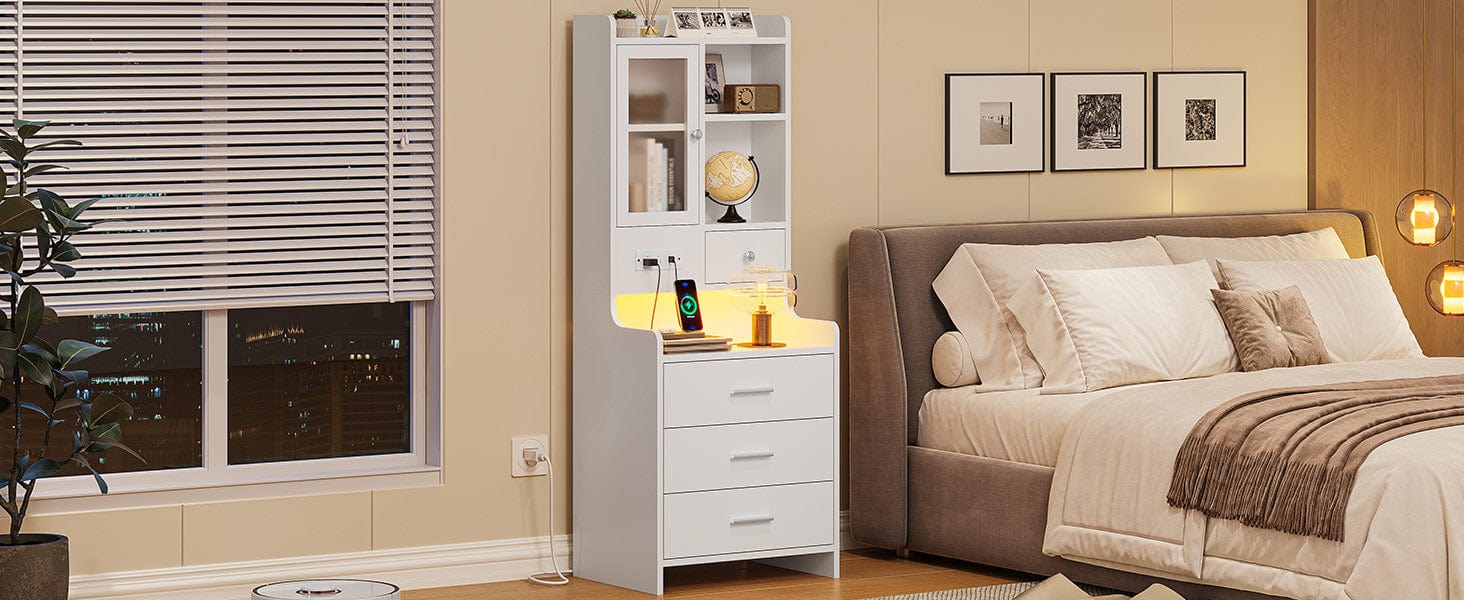 Sikaic LED Tall Nightstand with Glass Door Storage White Modern Accent Tables Modern Furniture Bedside Cabinet