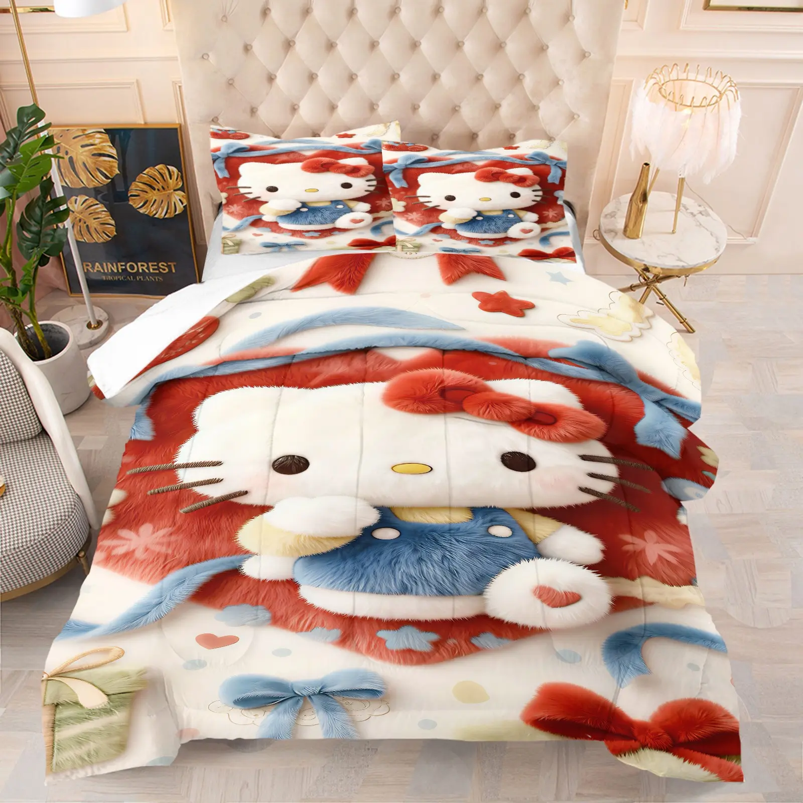 Hello Kitty Themed Soft And Cute Cartoon Pattern Blanket Set, Including 1 Blanket And 1 Or 2 Pillowcases Without a Core, Suitable For Bedding Sets In Family Bedrooms And Dormitories, And Can Be Used As a Gift
