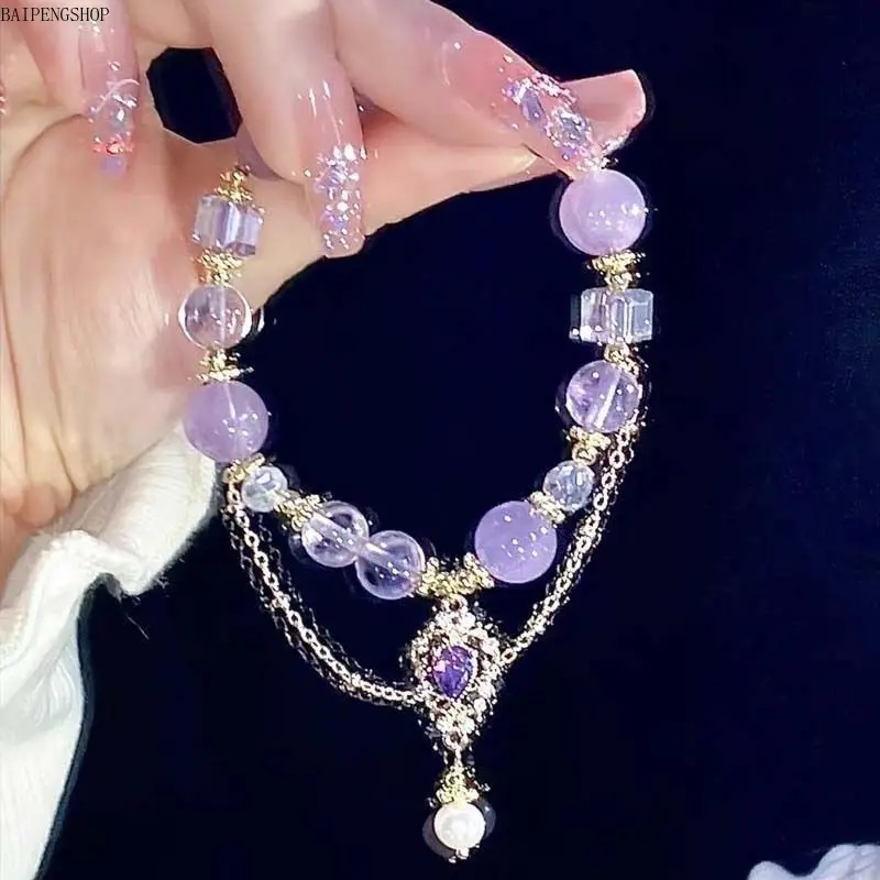 Women's Light Luxury Multi-Layer Purple Glass Bead Bracelet Set Inlaid With Sparkling Crystals, Stylish Butterfly Tassel Charm Costume Wrist Jewelry, Stackable Beaded Bracelets For Daily Dating & Holiday Gift