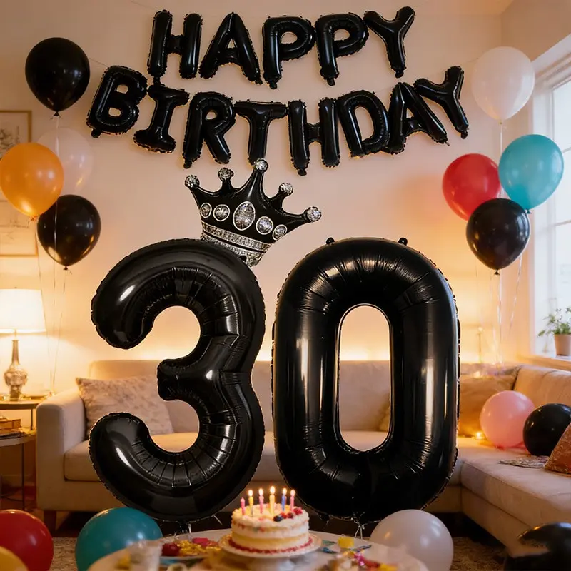 18-Piece Birthday Balloon Set, 30th & 40th Anniversary Alumina Foil Balloons, Large Number Balloons, Crown Balloon, Ribbon, Adhesive